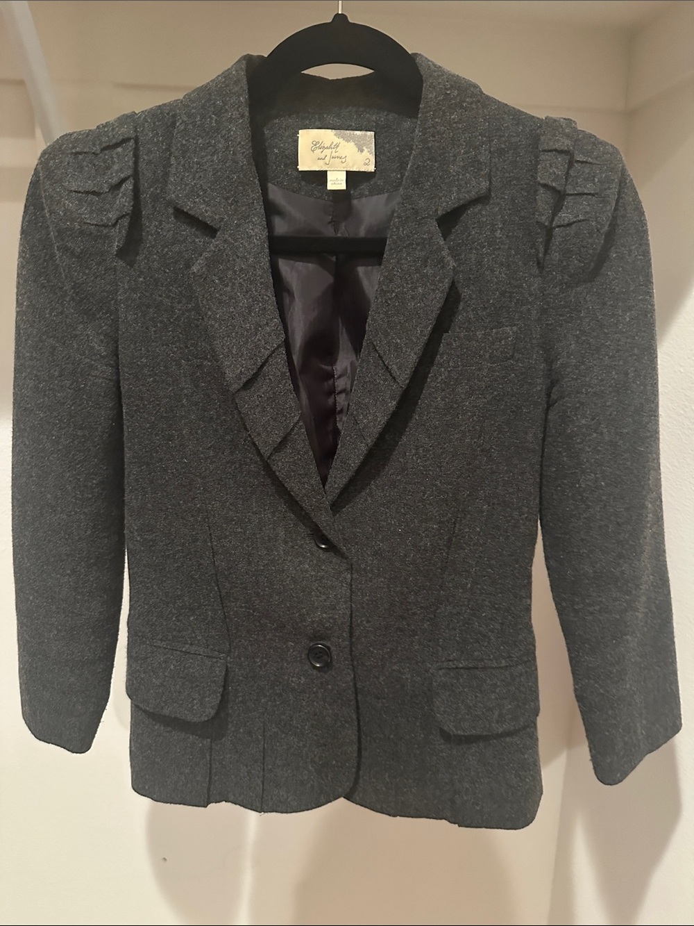 Elizabeth and James Charcoal Dark Gray Pleated Shoulder Women's Blazer